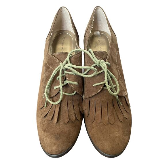 Tahari Booties Temple Heels Brown Suede Fringe Green Laces Women size 10 READ - Picture 1 of 16